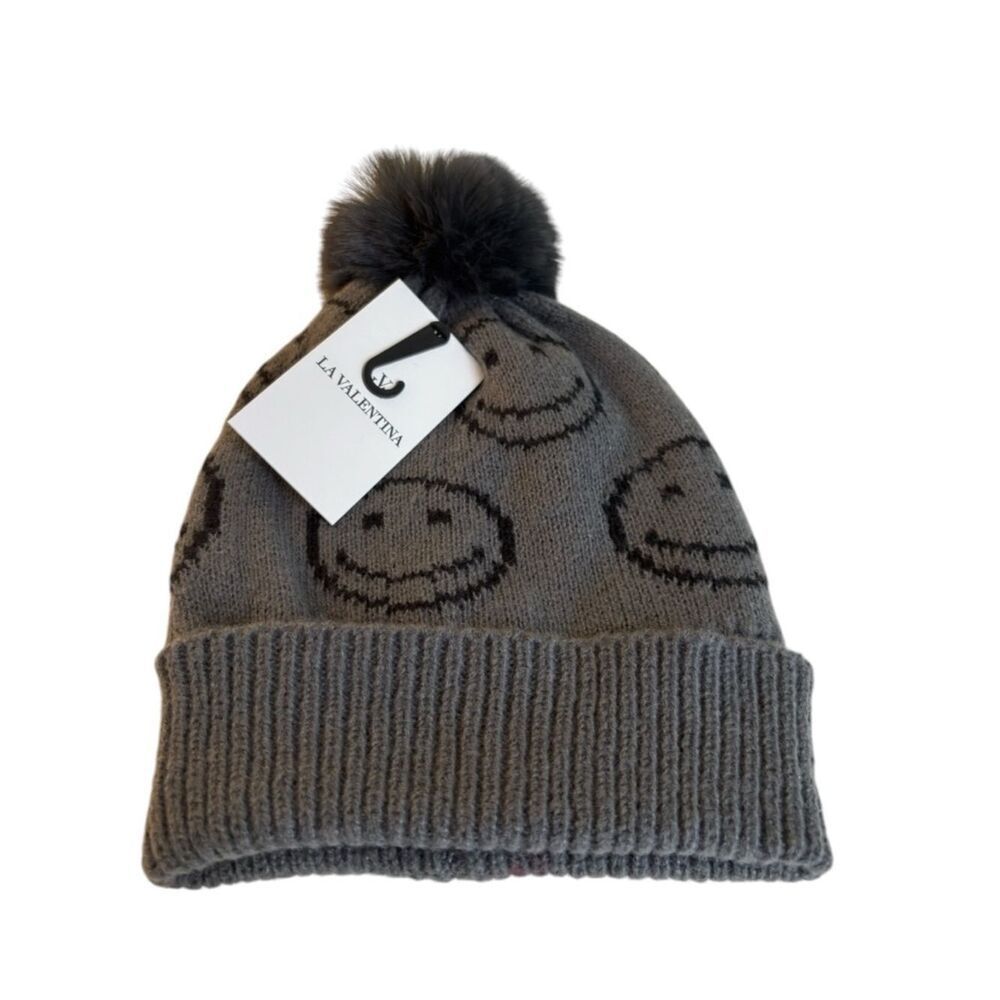 LA Valentina Gray Smiley Pom Beanie. Faux Fur Lined.